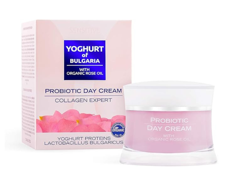 Biofresh Probiotic Day Cream Yoghurt of Bulgaria with organic rose oil, shown with pink packaging and cream jar, highlighting collagen care, probiotics, and daily hydration for sensitive skin.